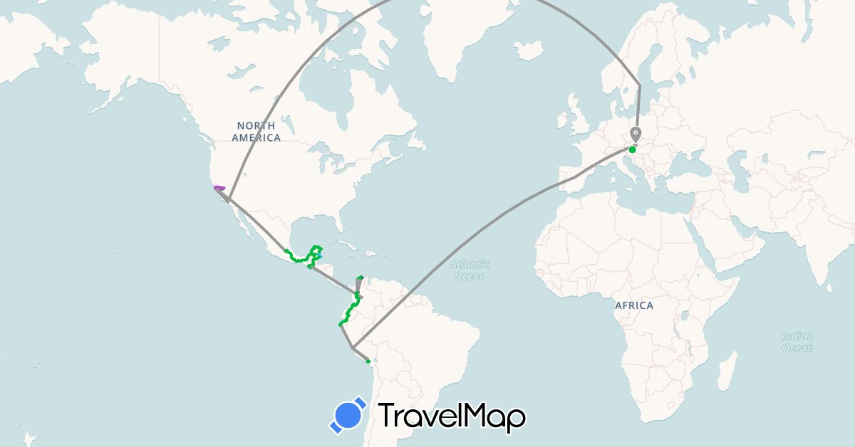 TravelMap itinerary: driving, bus, plane, train, hiking, boat in Austria, Belize, Colombia, Ecuador, Spain, Guatemala, Mexico, Peru, Sweden, United States (Europe, North America, South America)